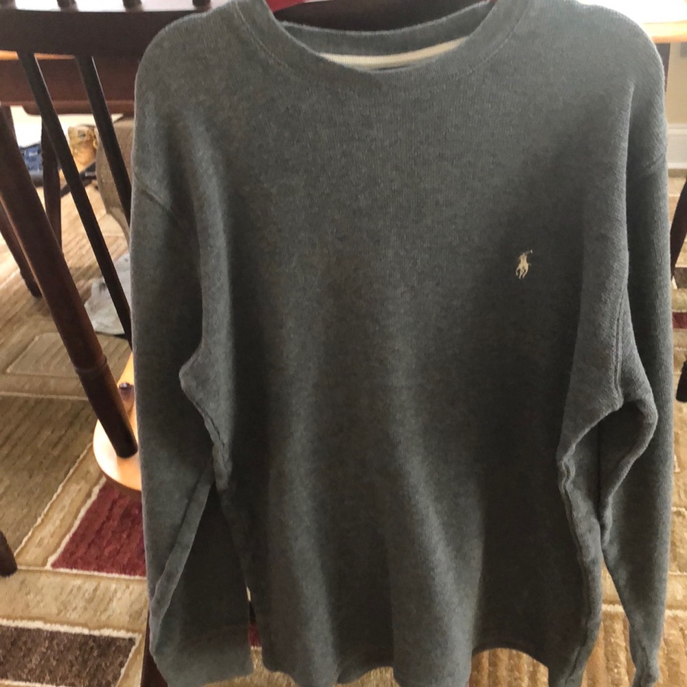 Grey. Long sleeve.  Polo.  Medium weight cotton